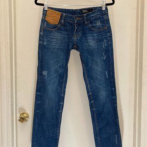 EUC B ADDS TWO Jeans, Medium-Dark Blue, Tiger print pocket, Mid-Low Rise, 26